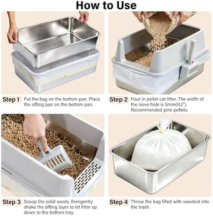 Stainless Steel Litter Box with Lid,XL Sifting Litter Box for Pine Pellets