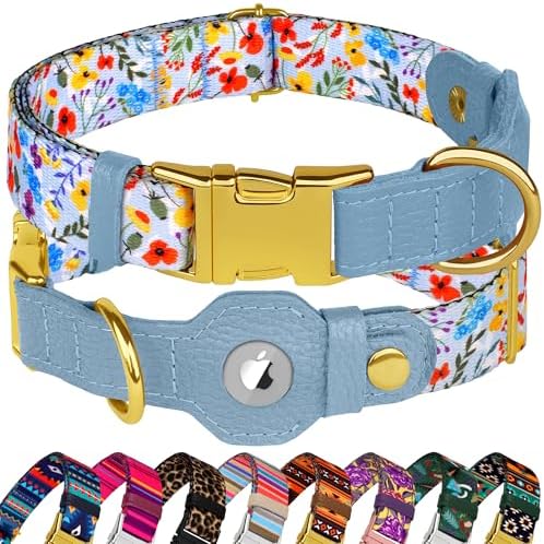 AirTag Dog Collar for Small Medium Large Breed - Adjustable Cute Pattern Dog Collar with Airtag Holder - Soft Leather Tracker GPS Apple Air Tag Pet Collars (X-Large, 20"-25" Neck Fit, Floral)