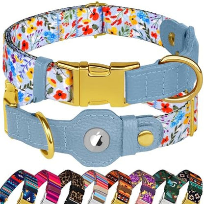 AirTag Dog Collar for Small Medium Large Breed - Adjustable Cute Pattern Dog Collar with Airtag Holder - Soft Leather Tracker GPS Apple Air Tag Pet Collars (X-Large, 20"-25" Neck Fit, Floral)