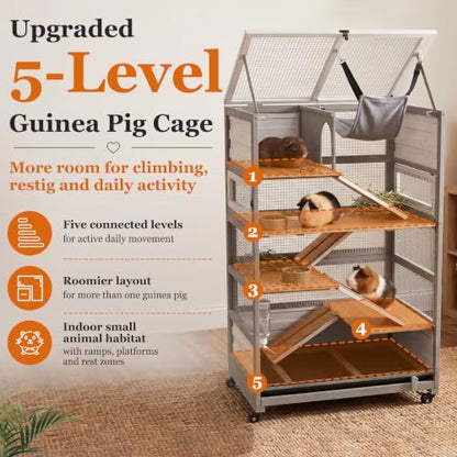 PetsCosset Guinea Pig Cages Hamster Cage Indoor 5-Level Small Animals Wooden Habitat with 8 Doors, Ramp Divider,Hideout House, Pull Out Tray