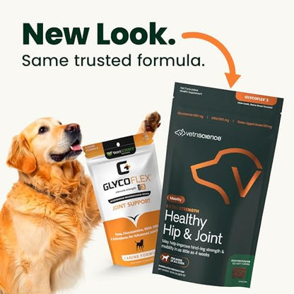 VetriScience Extra Strength Healthy Hip&Joint Chews,GlycoFlex 3,Glucosamine,Green-Lipped Mussel,Joint Support Supplement for Dogs,Promote Mobility&Soothe-Joint Discomfort,Chicken,120 Count (Pack of 2)