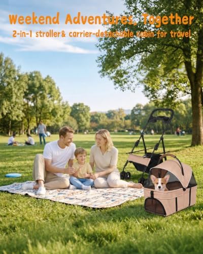 Pet Stroller, 3 in1 Foldable Dog Cat Stroller with Detachable Carrier-Khaki