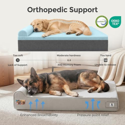 Sytopia Orthopedic Dog Beds for Extra Large Dogs, 7" Extra Thick Memory Foam Canvas Pet Bed with Durable Chew Proof Fabric Cover, Waterproof Liner & Washable Cover, Nonskid Bottom, Light Grey