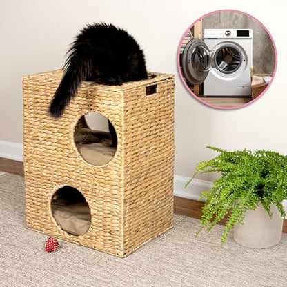 CHS1000A Jaxon 18" Modern Classic 2-Tier Handwoven Hyacinth Rectangular 5-Hole Cat Condo with 2 Machine-Washable Cushions, Natural