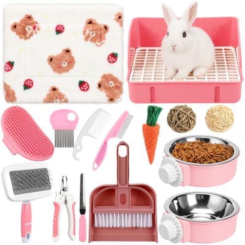 Reallnaive 15 Pcs Rabbit Starter Kit Small Rabbit Litter Box Girls Gift Animal Grooming Kit Bunny Toys Bowl Blankets with Cleaning Set for Guinea Pig Accessories (Bright Pink‌)