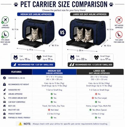 Large Pet Carrier for Cats and Small Dogs, Soft-Sided Travel Carrier with Safety Leash, Scratch-Resistant Mesh, Reinforced PVC Support Base, Foldable Design, 20 x 13 x 13 Inches