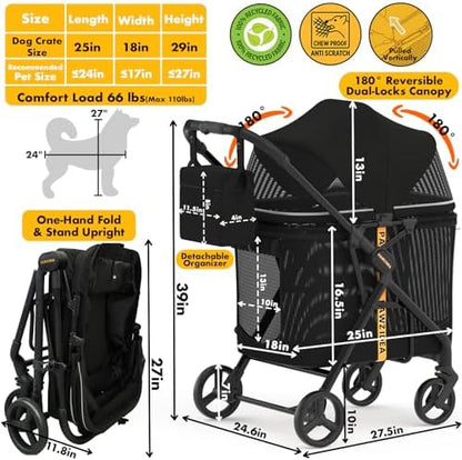 PAWZIDEA Dog Stroller for Large Dogs, No-Zip 180° Canopy, One-Hand Foldable
