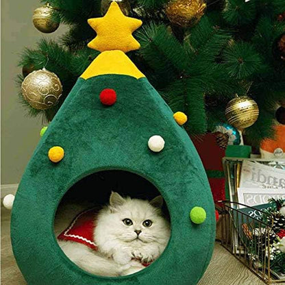 Christmas Cat Beds, Christmas Tree Cat Beds House, Portable Indoor Cat Igloo Xmas Bed Cave for Small Dogs and Small Animals, Green