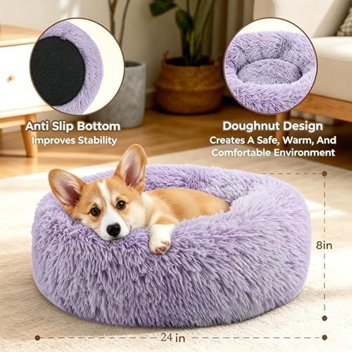 Calming Donut Dog Bed for Small Dogs, Anti-Anxiety Round Washable Plush Fluffy Faux Fur Large Cat Bed, 24 inches Fits up to 25 lbs Pets, Anti-Slip Waterproof Mute Base Purple