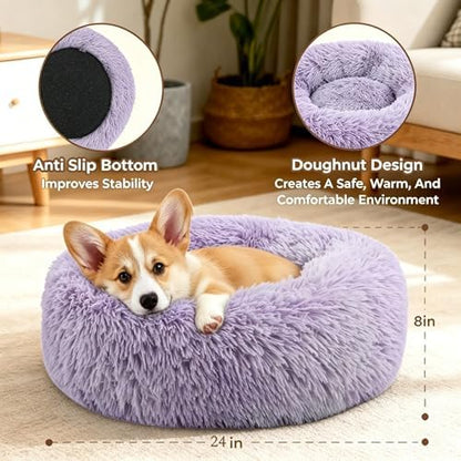 Calming Donut Dog Bed for Small Dogs, Anti-Anxiety Round Washable Plush Fluffy Faux Fur Large Cat Bed, 24 inches Fits up to 25 lbs Pets, Anti-Slip Waterproof Mute Base Purple