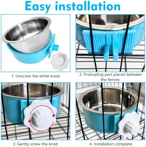 kathson Crate Dog Bowl, Removable Stainless Steel Hanging Pet Cage Bowl Food & Water Feeder Coop Cup for Cat, Puppy, Birds, Rats, Guinea Pigs (3 PCS, Size: M, Blue, Green, Pink)