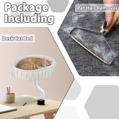 BALORAY Cat Desk Bed : Sturdy Desk Bed for Cat Support 45lbs, Desktop Cats Beds for Tables Game Office,Indoor Use Removable Desks Attachment Cotton Cats Nest,Heavy-Duty Metal Frame and Clamp (White)