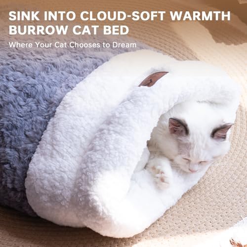 Self Warming Cat Cave Bed, Double-Layer Faux Fur Sleeping Bag Grey