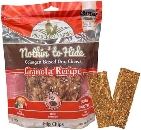 Fieldcrest Farms Nothin to Hide Flip Chips Dog Chews - Natural Rawhide Alternative Treats for Dogs, Collagen Based Snack for Moderate Chewers Up to 35lbs, Granola Flavor