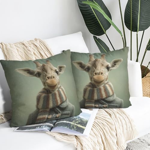 InkRain Winter Animal Cute Giraffe Pillow Cover 28x28 Inch Set of 2 Home Decor Decorative Cotton Linen Illustration Pillowcases for Living Room House Sofa