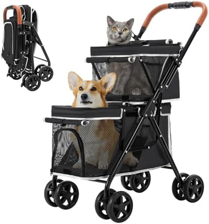 Double Pet Stroller for 2 Dogs & Cats, Double-Decker, Black