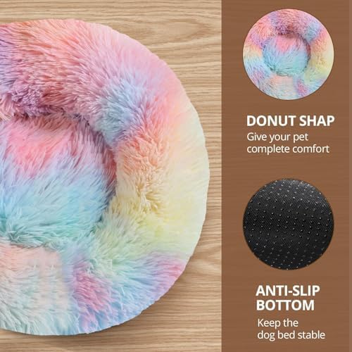 JOLLYVOGUE Calming Dog Bed Medium Size Dog, 31in Donut Washable Medium Pet Bed, Anti-Slip & Anti-Anxiety Fluffy Faux Fur Round Dogs Bed, Fits up to 45 lbs Pets (Rainbow)