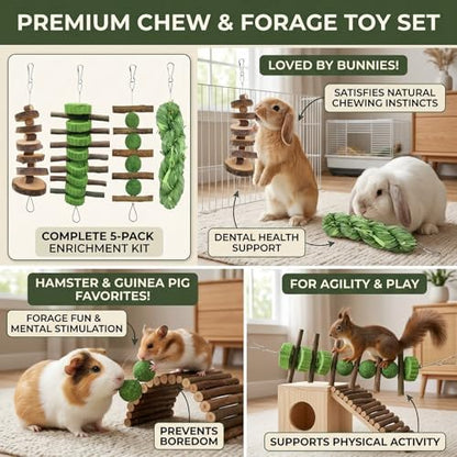 5pcs Hanging Rabbit Chew Toys Hay Ball Apple Stick Wood Pet Snack
