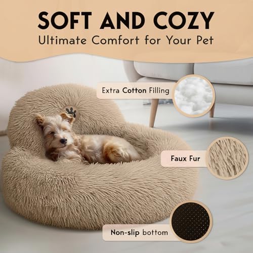 PetJett Calming Dog Beds for Small Dogs – 23" Donut Dog Beds, Anti-Slip & Washable Puppy Bed - Fluffy Plush Faux Fur Pet Bed, Anti-Anxiety Premium Comfort Round Pillow, Fits Dogs up to 25 lbs – Beige