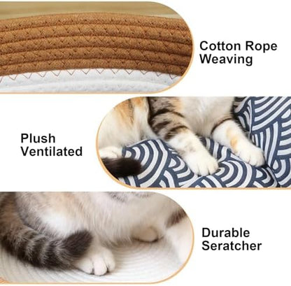 Instinct Basket,Stimulicat Cat Bed,Stimulicat Cat Bed Rope Cotton with Cushion,Eliminates Bed Rejection Round Pet Basket,Boho Catbed for Cats Handwoven Scratchable Breathable Weave (White, Large-A)