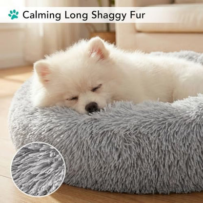 PetAmi Calming Donut Dog Bed, Washable Faux Fur, 30 Inch Medium, Light Grey