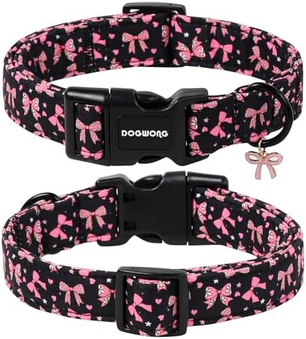 DOGWONG Pink Dog Collar, Comfortable Adjustable Black Pink Bow Girl Female Dog Collar with Plastic Buckle for Small Medium Dogs, Neck 11-16 inches