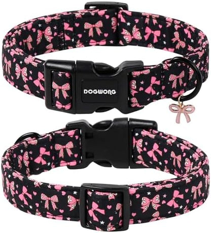 DOGWONG Pink Dog Collar, Comfortable Adjustable Black Pink Bow Girl Female Dog Collar with Plastic Buckle for Small Medium Dogs, Neck 11-16 inches