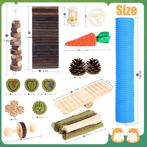 Kyouki Hamster Toys Guinea Pig Toys Set with Tunnel, Chewable Apple Wood & Natural Timothy Hay - Enrichment Chew Toys for Small Animals - 24+ Cage Accessories for Teeth Care & Boredom Relief (Blue)