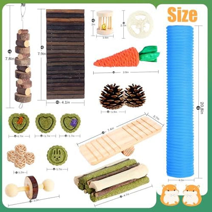 Kyouki Hamster Toys Guinea Pig Toys Set with Tunnel, Chewable Apple Wood & Natural Timothy Hay - Enrichment Chew Toys for Small Animals - 24+ Cage Accessories for Teeth Care & Boredom Relief (Blue)