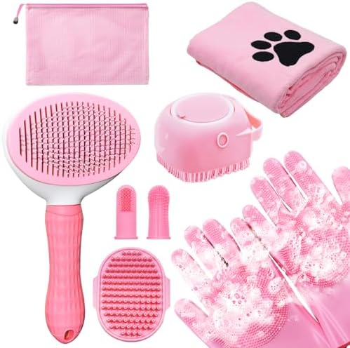 Dog Grooming Kit for Shedding – 8-Piece Pet Grooming Supplies with Deshedding Brush, Bath Gloves, Towels & Silicone Toothbrush | Ideal for Dogs, Cats, Small and Large Pets (Pink)