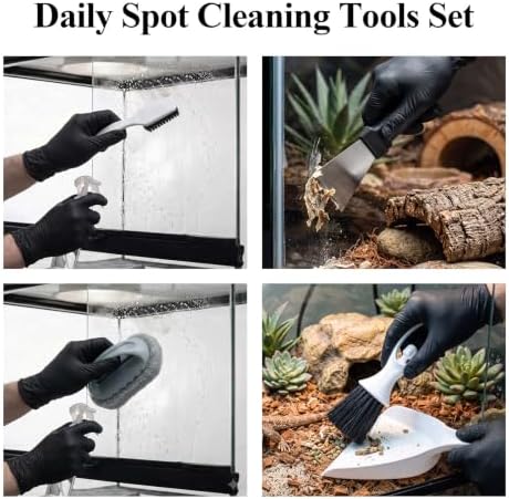 7-in-1 Reptile Tank Cleaning Kit, Complete Terrarium Enclosure Tool Set with Mini Dustpan, Brush, Scraper, Sand Sifter, Spray Pot, Cloth & Sponge, Bearded Dragon Accessories