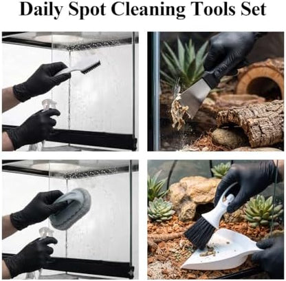 7-in-1 Reptile Tank Cleaning Kit, Complete Terrarium Enclosure Tool Set with Mini Dustpan, Brush, Scraper, Sand Sifter, Spray Pot, Cloth & Sponge, Bearded Dragon Accessories