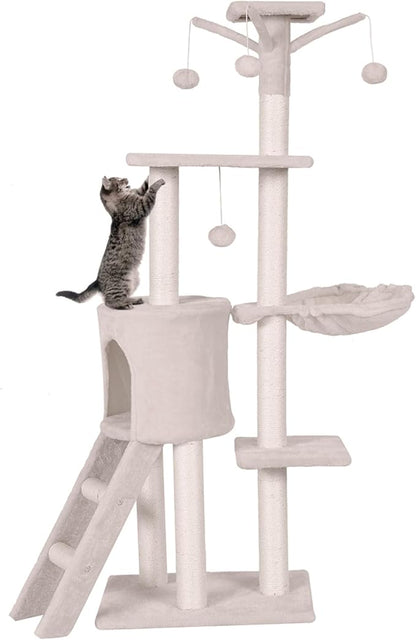 PETSITE 56 Inches Cat Tree for Indoor Cats, Multi-Level Cat Tower with Sisal Scratching Posts and Ladder, Tall Cat Tree with Top Perch, Hammock, Cat Condo & Jumping Platforms for Cats Kittens