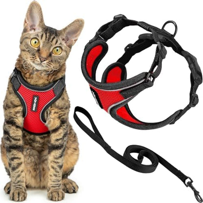 Voyager Escape-Proof Step-in Lock Cat Harness & 5ft Neoprene-Handle Leash Set All-Weather Mesh with Reflective Stitching for Small to Large Cats by Best Pet Supplies, Black Trim-Red (327), S