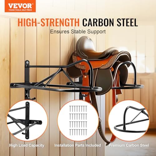 VEVOR Wall Mount Saddle Rack, 27.3 x 16.3 x 12.5 in, 8 Packs Horse Saddle Rack with Pad Bar, Portable Saddle Stand for English & Western Saddle, Horse Tack Storage for Equestrian Garden, Black