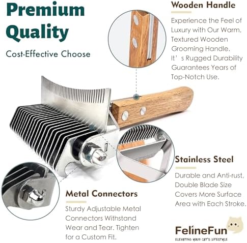 FelineFun Cat Brush for Dematting & Deshedding, 2 in 1 Undercoat Rake, Efficiently Remove Loose Hair & Matted Fur, Professional Shedding Comb for Indoor Cats & Long Haired Cats