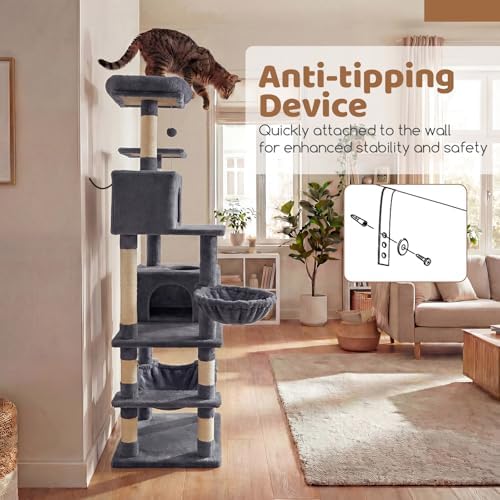 DORTALA Cat Tree for Indoor Cats, 66" Tall Cat Tower with 2 Condos, Sisal Scratching Posts, Plush Perch, Hammock, Dangling Balls, Multi-Level Pet Climbing Furniture Activity Center (Dark Gray)