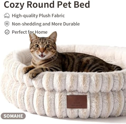 SOMAHE Cat Bed for Indoor Cats, Washable Round Plush, 20x20 Cream