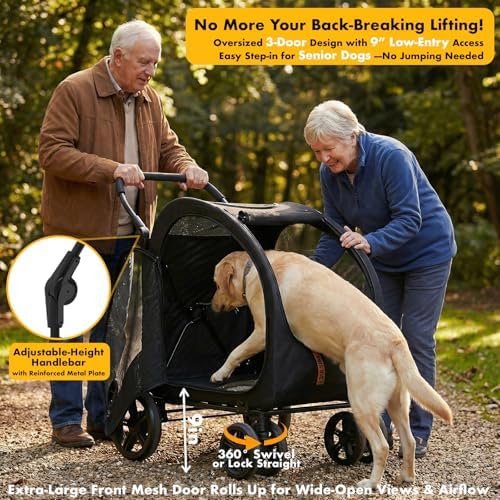 PAWZIDEA 3-in-1 Large Dog Stroller with Detachable Carrier, 45% Extra Tall