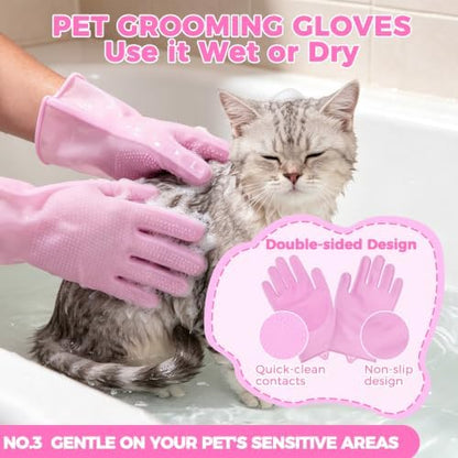 PAWCHIE Bath Grooming Kit for Pets, 9 PCS Hair Brush Set with Towel,Washing Gloves,Bath Brush and Adjustable Handle Shampoo Brush & Scrubber for Short Long Haired Dogs and Cats,Dog Bath Supplies, Pink