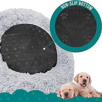 PetAmi Calming Donut Dog Bed, Washable Faux Fur, 30 Inch Medium, Light Grey