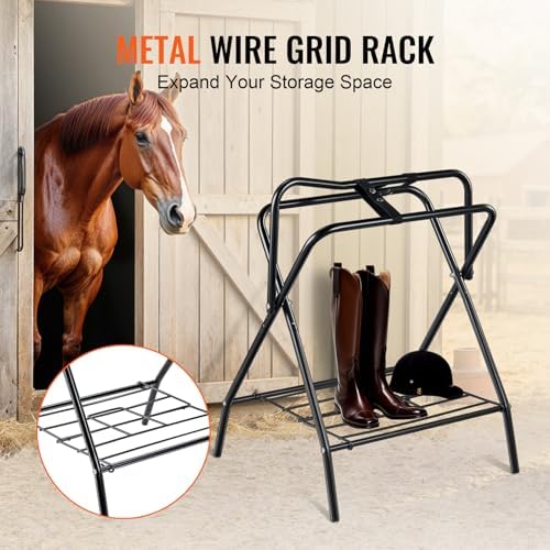 VEVOR Folding Saddle Rack, 2 Packs Freestanding Horse Saddle Stand, Portable Horse Blanket Holder, Heavy Duty Steel Saddle Rack for English & Western Saddles, Tack Storage, 28 x 19 x 37.5 in, Black