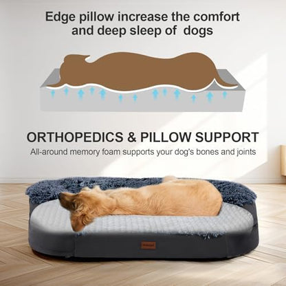 iweepet Fluffy Orthopedic Dog Beds for Large & Extra Large Dogs, 41" Calming Dog Sofa Bed with Supportive 28D Egg-Crate Foam, Removable Washable Cover, Waterproof Lining, for Puppy,Senior,Sick