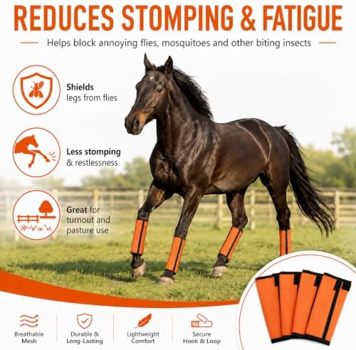 Fly Boots for Horses Set of 4 - Breathable Mesh Equine Leg Protection,Anti-Sag Stay-On Horse Fly Boots,Reduces Stomping & Fatigue,UV-Block, Adjustable Fit for Medium to Large Horses