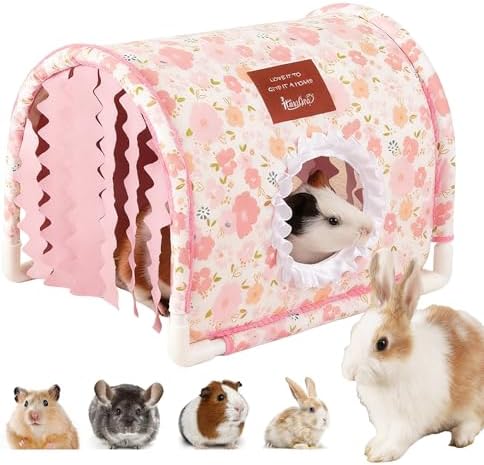 Guinea Pig Hideout Tunnel - Stable Washable Small Animal Tunnel Hide with Curtains,Guinea Pig Accessories for Hamster/Chinchilla/Dwarf Rabbit/Ferret (Pink, Large)