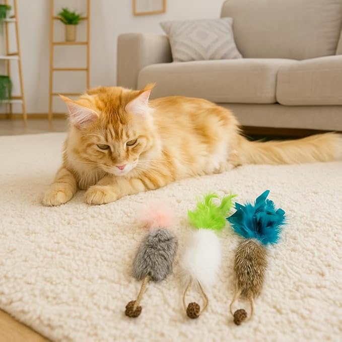 3 Pack Rabbit Fur Catnip Toys with Feathers – Interactive Carrot Cat Toys with Galls Fruit for Indoor Cats and Kittens
