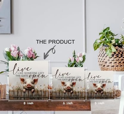Pig Signs - Farm Cottagecore Animal Office Kitchen Bedroom Decor,Rustic Farmhouse Live like Someone Left the Gate Open Home Decor Wooden Signs,Pig Gifts for Women,8x8