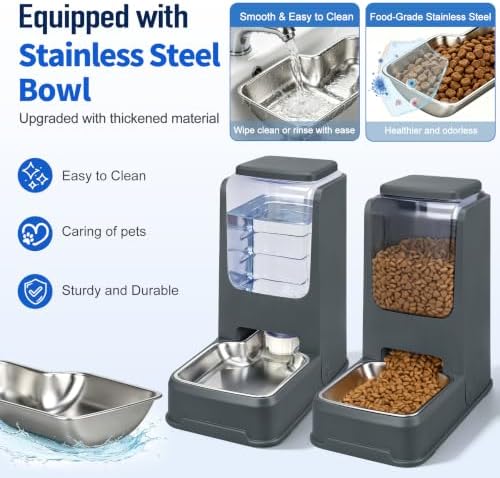 Automatic Cat Feeder and Water Dispenser Set with Dog Stainless Steel Feed Bowl Pet Gravity Self Feeding and Waterer Large Capacity for Small Medium Large Dogs Puppy Kitten 2 Pack