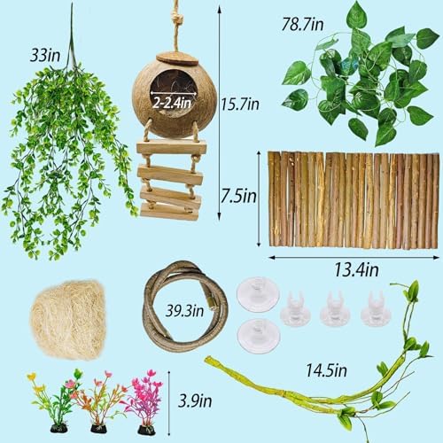 9PCS Reptile Crested Gecko Hide Coconut Hut Climbing Ladder Plants Decor