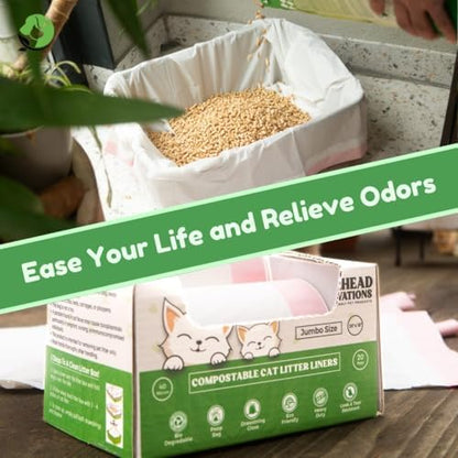 Cat Litter Box Liners - 100% Compostable - Drawstring Close - Scent Free - Jumbo Size XL (36" L x 18" W) - 40 Micron (1.6 Mil) Heavy Duty - 20 Count - Scratch, Tear & Leak Resistant